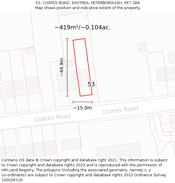 53, COATES ROAD, EASTREA, PETERBOROUGH, PE7 2BA: Plot and title map