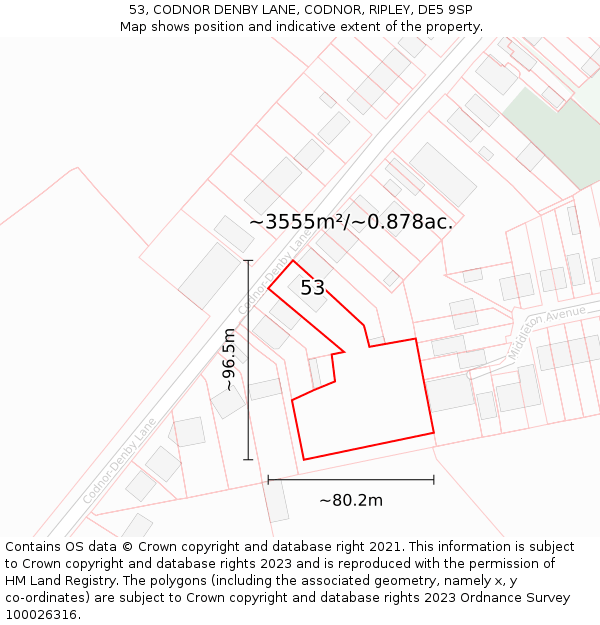 53, CODNOR DENBY LANE, CODNOR, RIPLEY, DE5 9SP: Plot and title map