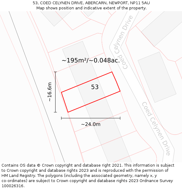 53, COED CELYNEN DRIVE, ABERCARN, NEWPORT, NP11 5AU: Plot and title map