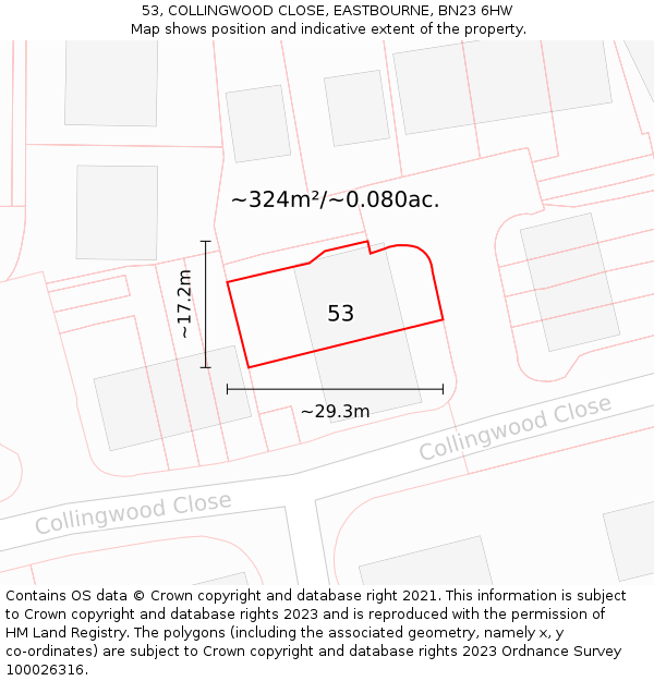 53, COLLINGWOOD CLOSE, EASTBOURNE, BN23 6HW: Plot and title map