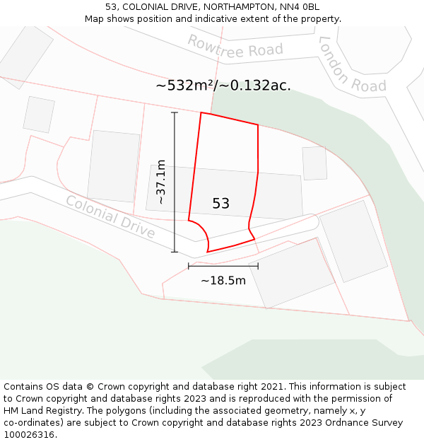 53, COLONIAL DRIVE, NORTHAMPTON, NN4 0BL: Plot and title map
