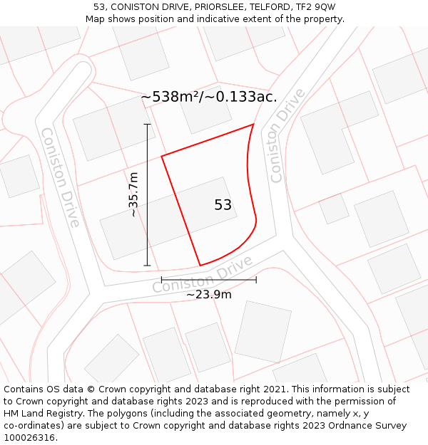 53, CONISTON DRIVE, PRIORSLEE, TELFORD, TF2 9QW: Plot and title map