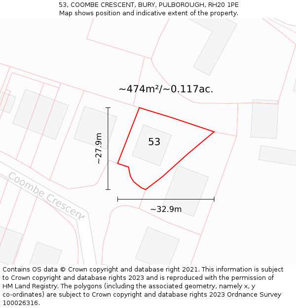 53, COOMBE CRESCENT, BURY, PULBOROUGH, RH20 1PE: Plot and title map