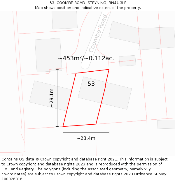 53, COOMBE ROAD, STEYNING, BN44 3LF: Plot and title map