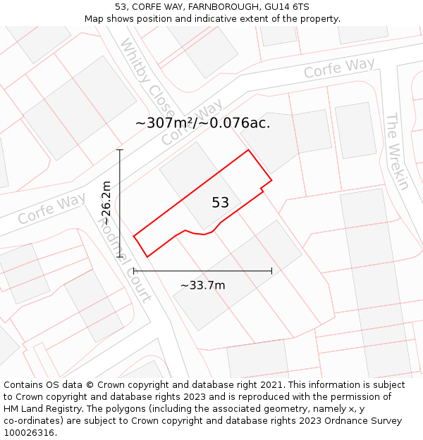 53, CORFE WAY, FARNBOROUGH, GU14 6TS: Plot and title map