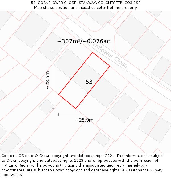 53, CORNFLOWER CLOSE, STANWAY, COLCHESTER, CO3 0SE: Plot and title map