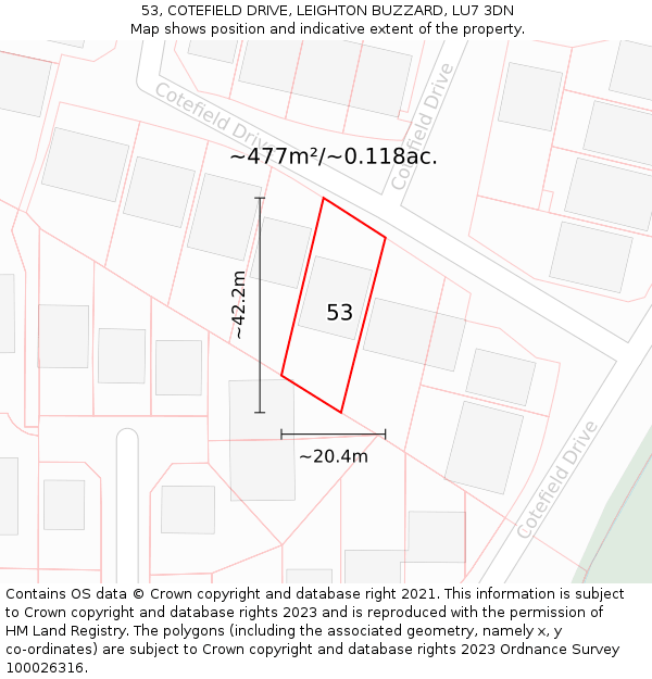 53, COTEFIELD DRIVE, LEIGHTON BUZZARD, LU7 3DN: Plot and title map