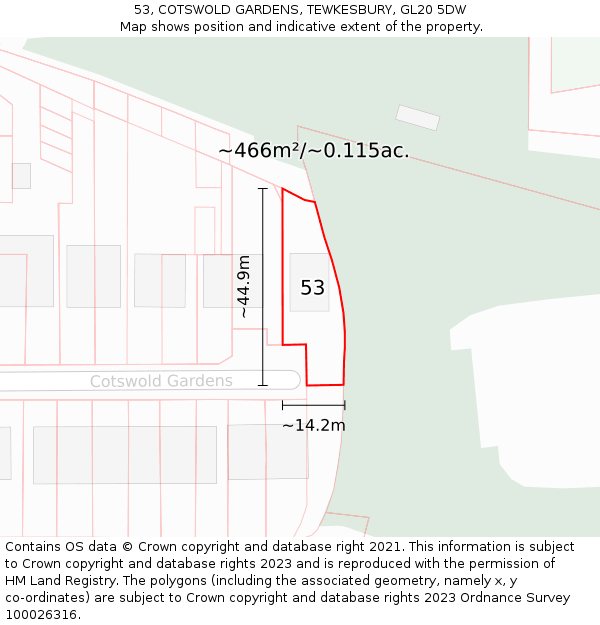 53, COTSWOLD GARDENS, TEWKESBURY, GL20 5DW: Plot and title map