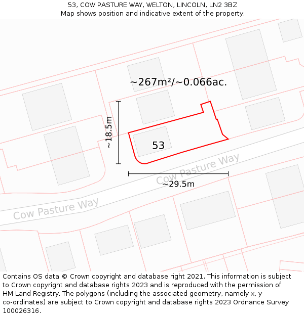 53, COW PASTURE WAY, WELTON, LINCOLN, LN2 3BZ: Plot and title map