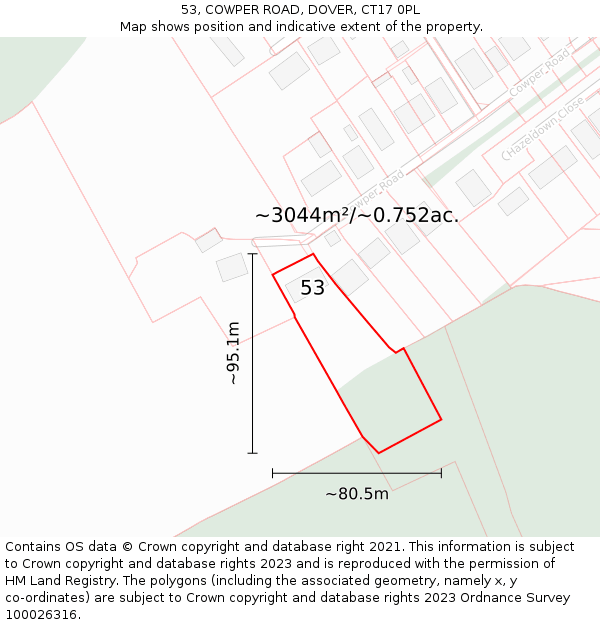 53, COWPER ROAD, DOVER, CT17 0PL: Plot and title map