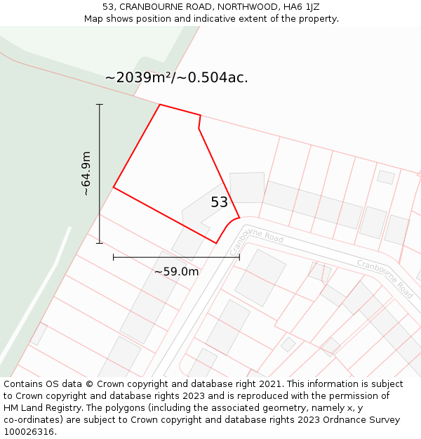 53, CRANBOURNE ROAD, NORTHWOOD, HA6 1JZ: Plot and title map