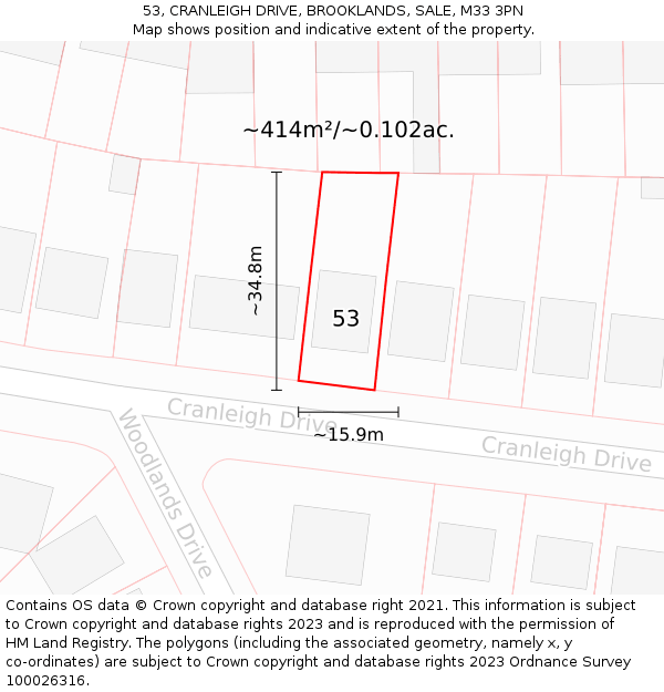 53, CRANLEIGH DRIVE, BROOKLANDS, SALE, M33 3PN: Plot and title map
