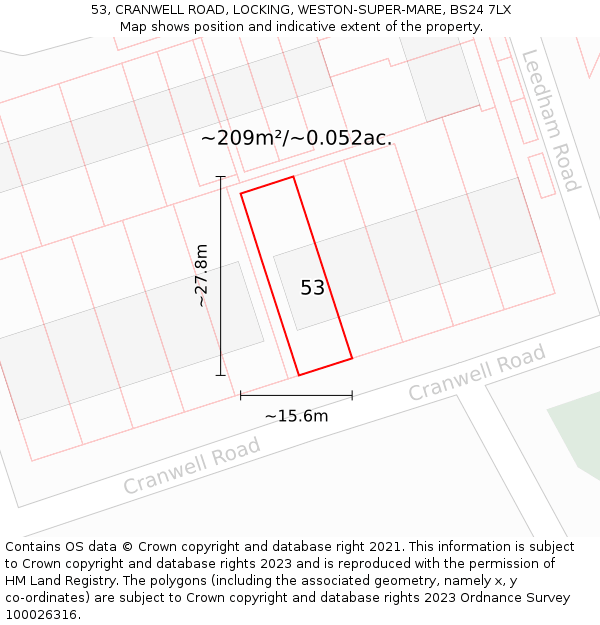53, CRANWELL ROAD, LOCKING, WESTON-SUPER-MARE, BS24 7LX: Plot and title map