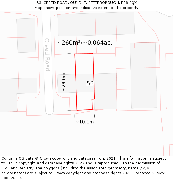 53, CREED ROAD, OUNDLE, PETERBOROUGH, PE8 4QX: Plot and title map