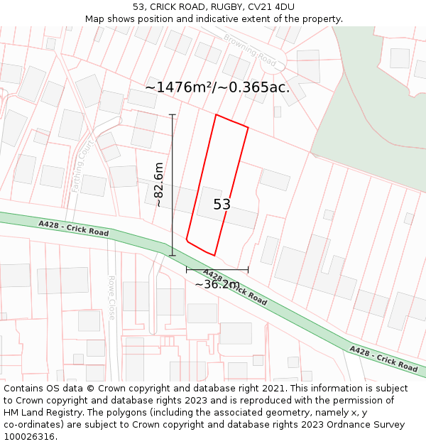 53, CRICK ROAD, RUGBY, CV21 4DU: Plot and title map