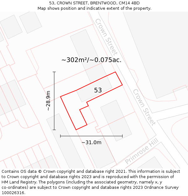 53, CROWN STREET, BRENTWOOD, CM14 4BD: Plot and title map