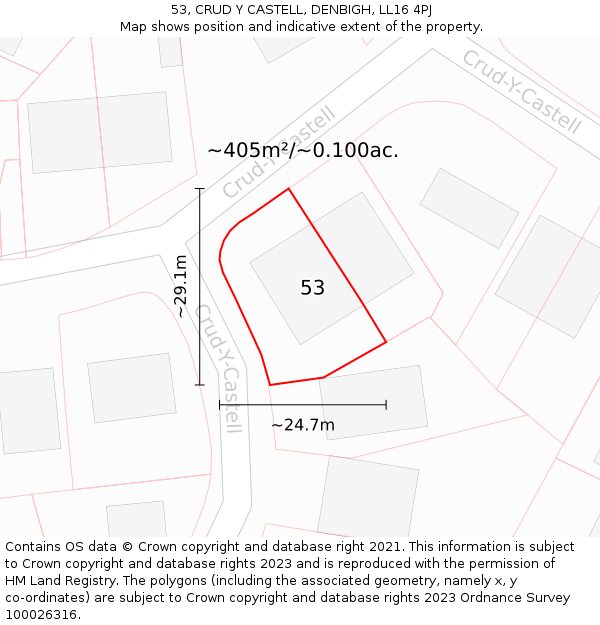 53, CRUD Y CASTELL, DENBIGH, LL16 4PJ: Plot and title map
