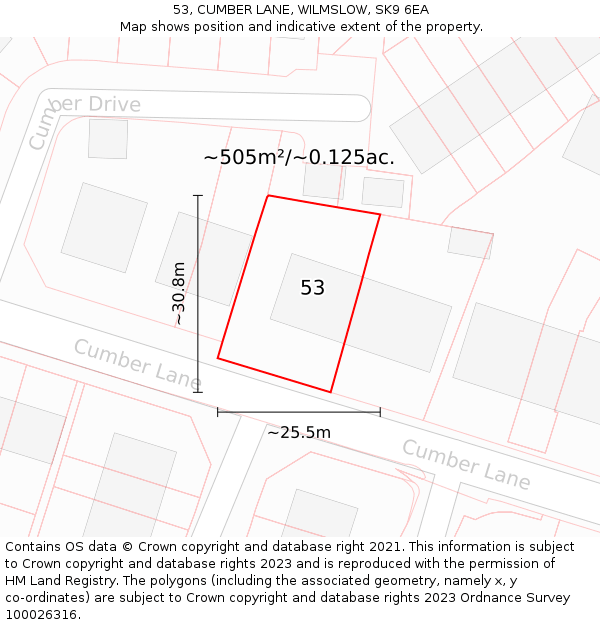 53, CUMBER LANE, WILMSLOW, SK9 6EA: Plot and title map