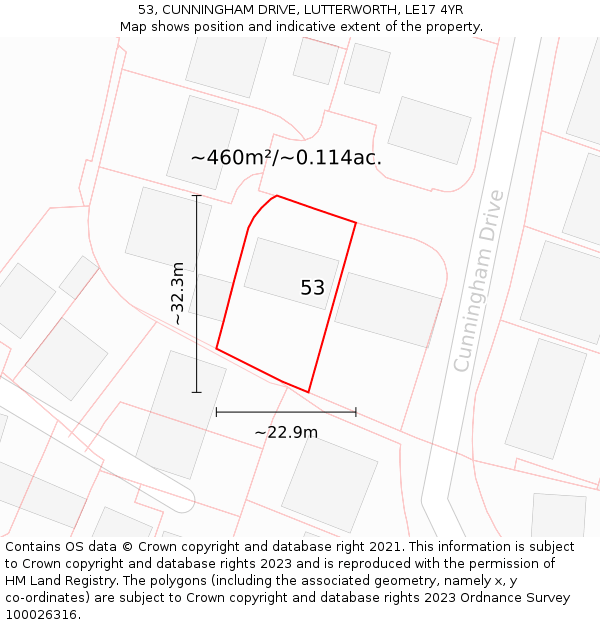 53, CUNNINGHAM DRIVE, LUTTERWORTH, LE17 4YR: Plot and title map