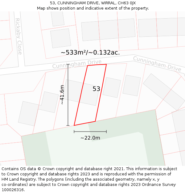 53, CUNNINGHAM DRIVE, WIRRAL, CH63 0JX: Plot and title map