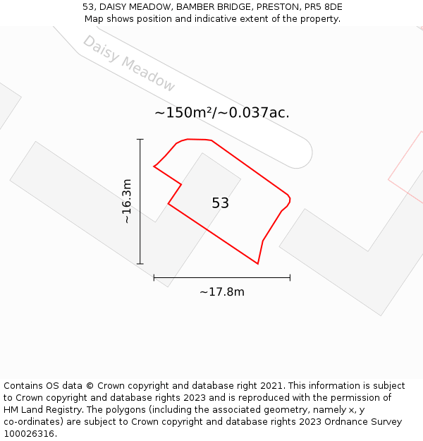 53, DAISY MEADOW, BAMBER BRIDGE, PRESTON, PR5 8DE: Plot and title map