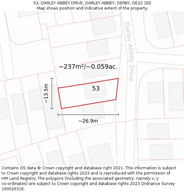 53, DARLEY ABBEY DRIVE, DARLEY ABBEY, DERBY, DE22 1EE: Plot and title map