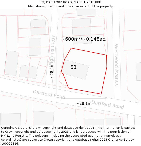 53, DARTFORD ROAD, MARCH, PE15 8BB: Plot and title map
