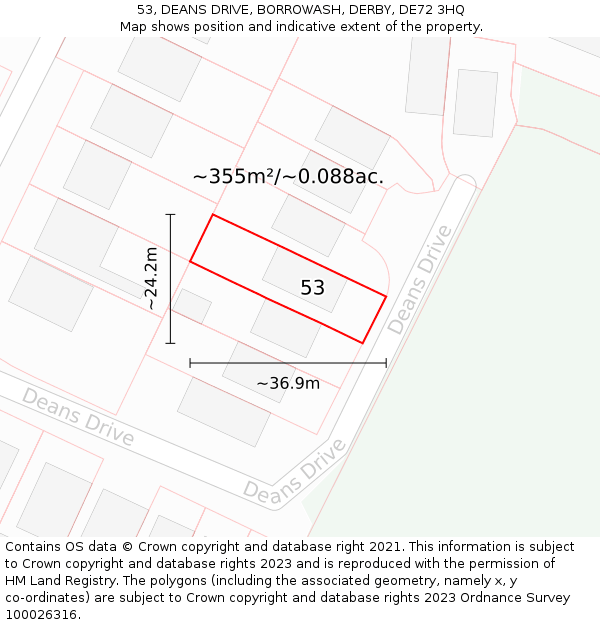 53, DEANS DRIVE, BORROWASH, DERBY, DE72 3HQ: Plot and title map