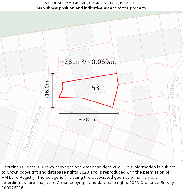 53, DEARHAM GROVE, CRAMLINGTON, NE23 3FR: Plot and title map