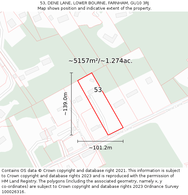 53, DENE LANE, LOWER BOURNE, FARNHAM, GU10 3RJ: Plot and title map