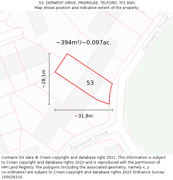 53, DERWENT DRIVE, PRIORSLEE, TELFORD, TF2 9QN: Plot and title map