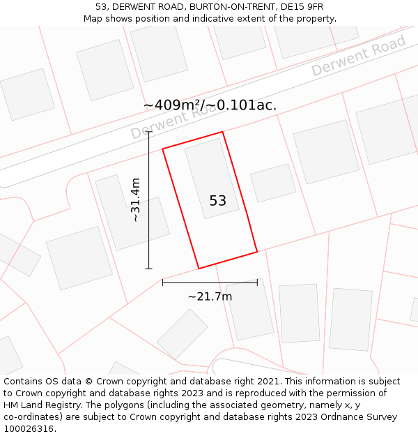 53, DERWENT ROAD, BURTON-ON-TRENT, DE15 9FR: Plot and title map