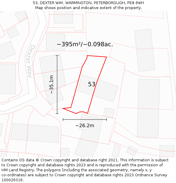 53, DEXTER WAY, WARMINGTON, PETERBOROUGH, PE8 6WH: Plot and title map