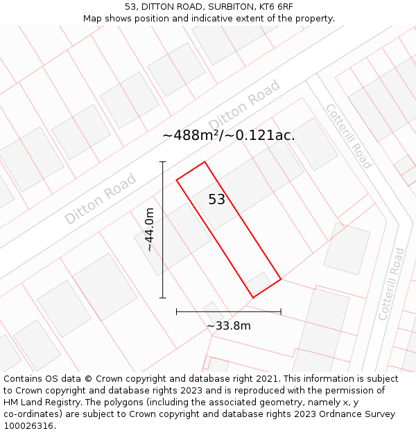 53, DITTON ROAD, SURBITON, KT6 6RF: Plot and title map