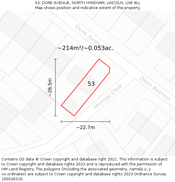 53, DORE AVENUE, NORTH HYKEHAM, LINCOLN, LN6 8LL: Plot and title map