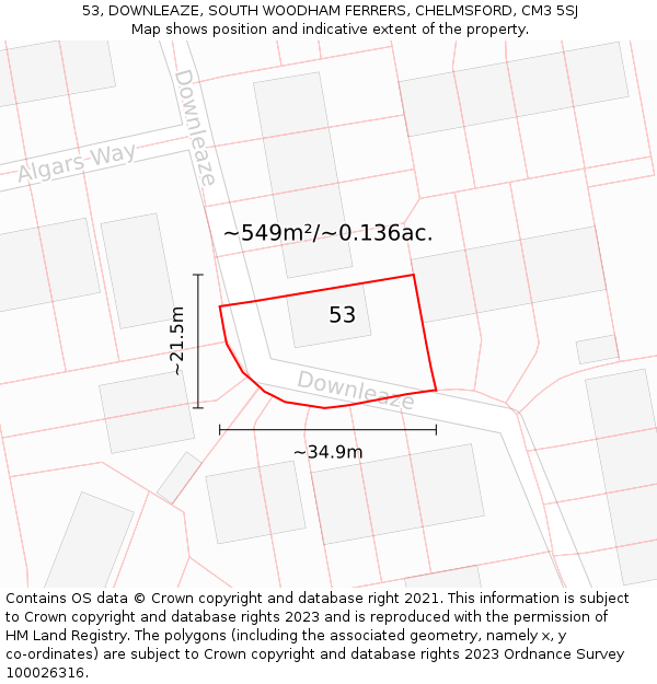 53, DOWNLEAZE, SOUTH WOODHAM FERRERS, CHELMSFORD, CM3 5SJ: Plot and title map