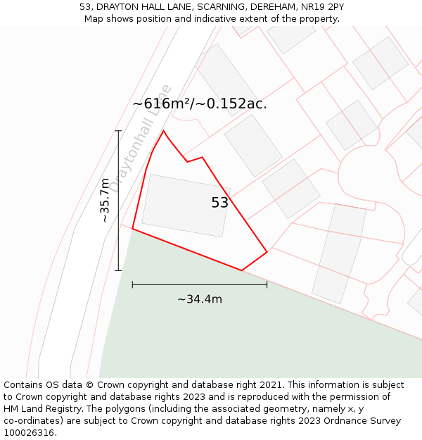 53, DRAYTON HALL LANE, SCARNING, DEREHAM, NR19 2PY: Plot and title map