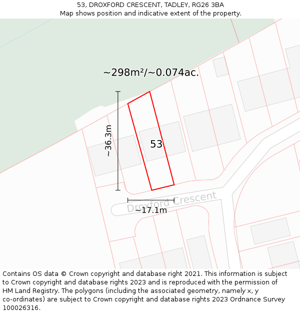 53, DROXFORD CRESCENT, TADLEY, RG26 3BA: Plot and title map