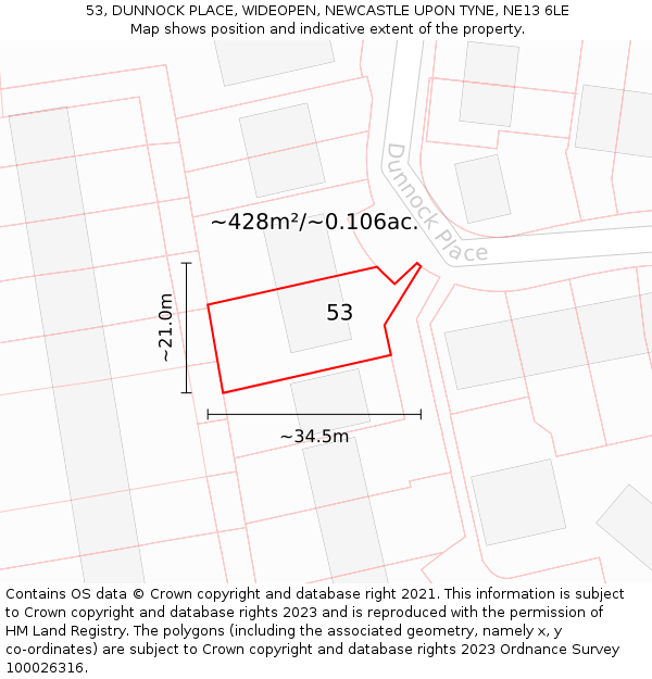 53, DUNNOCK PLACE, WIDEOPEN, NEWCASTLE UPON TYNE, NE13 6LE: Plot and title map