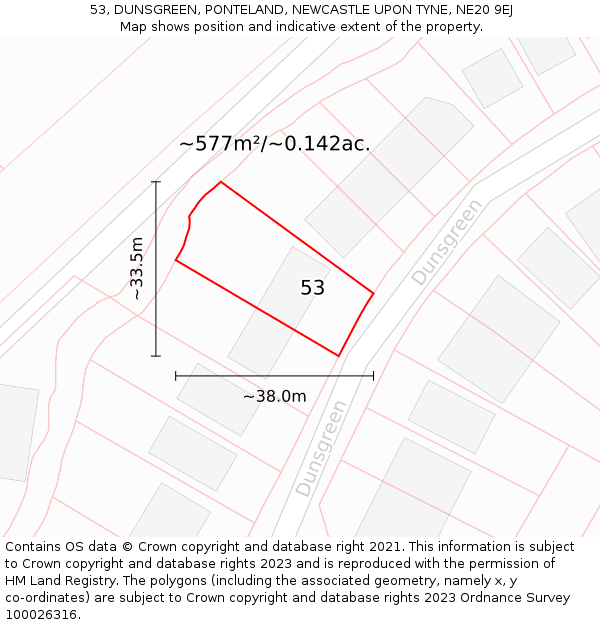 53, DUNSGREEN, PONTELAND, NEWCASTLE UPON TYNE, NE20 9EJ: Plot and title map