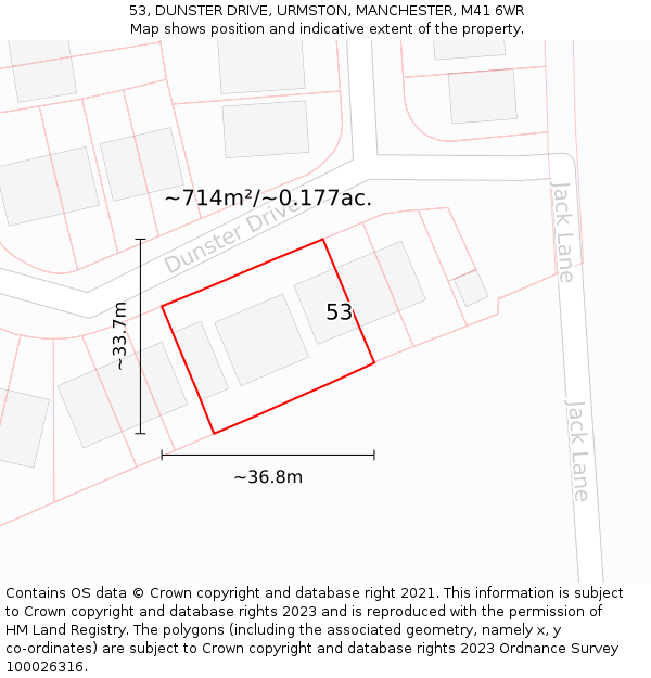 53, DUNSTER DRIVE, URMSTON, MANCHESTER, M41 6WR: Plot and title map