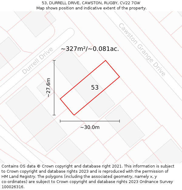 53, DURRELL DRIVE, CAWSTON, RUGBY, CV22 7GW: Plot and title map