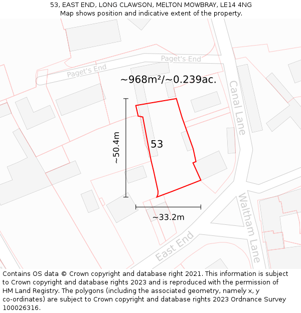 53, EAST END, LONG CLAWSON, MELTON MOWBRAY, LE14 4NG: Plot and title map