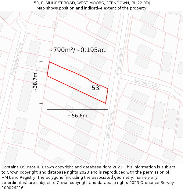 53, ELMHURST ROAD, WEST MOORS, FERNDOWN, BH22 0DJ: Plot and title map
