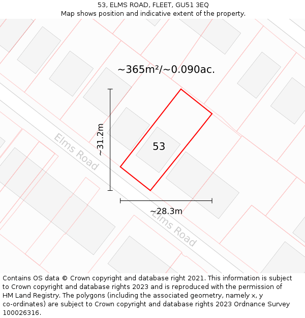 53, ELMS ROAD, FLEET, GU51 3EQ: Plot and title map