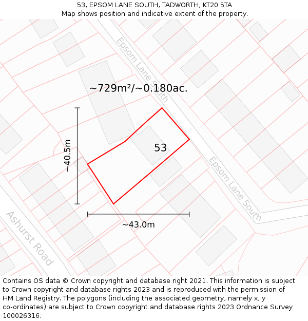 53, EPSOM LANE SOUTH, TADWORTH, KT20 5TA: Plot and title map