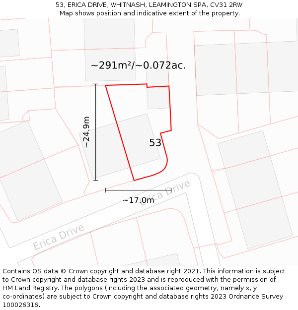 53, ERICA DRIVE, WHITNASH, LEAMINGTON SPA, CV31 2RW: Plot and title map