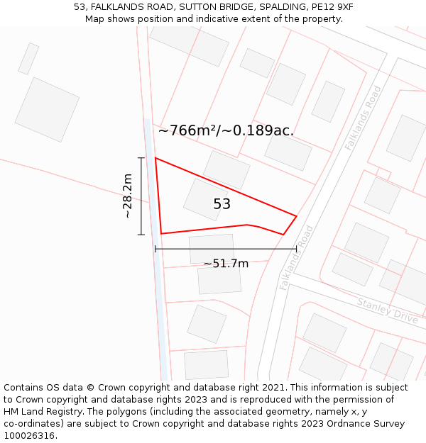 53, FALKLANDS ROAD, SUTTON BRIDGE, SPALDING, PE12 9XF: Plot and title map