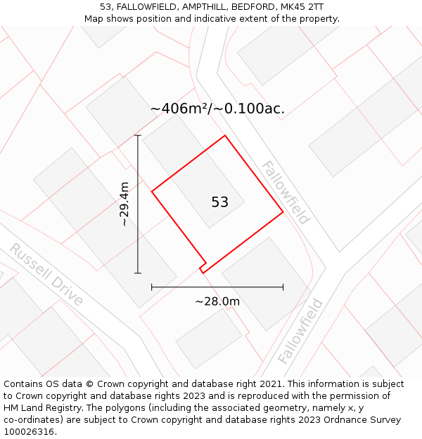53, FALLOWFIELD, AMPTHILL, BEDFORD, MK45 2TT: Plot and title map