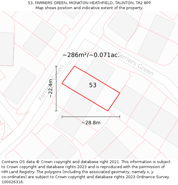 53, FARRIERS GREEN, MONKTON HEATHFIELD, TAUNTON, TA2 8PP: Plot and title map